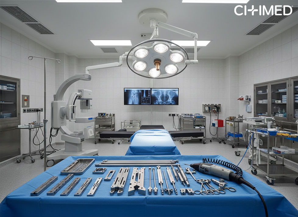 A surgical operating room featuring medical equipment and a television, designed for orthopedic accident and injury procedures.