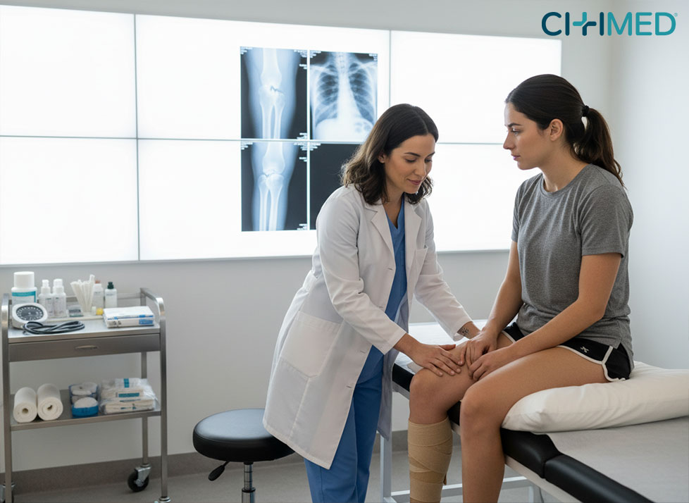 A woman is being X-rayed by a doctor due to a broken bone from an accident.