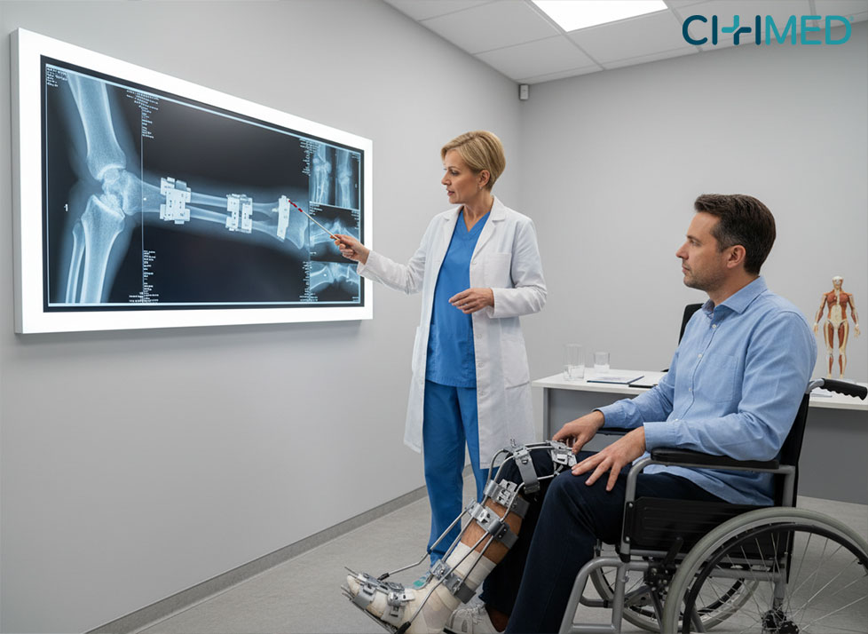 A man in a wheelchair looks at an x-ray on the wall, revealing a complex fracture treatment after a crash.