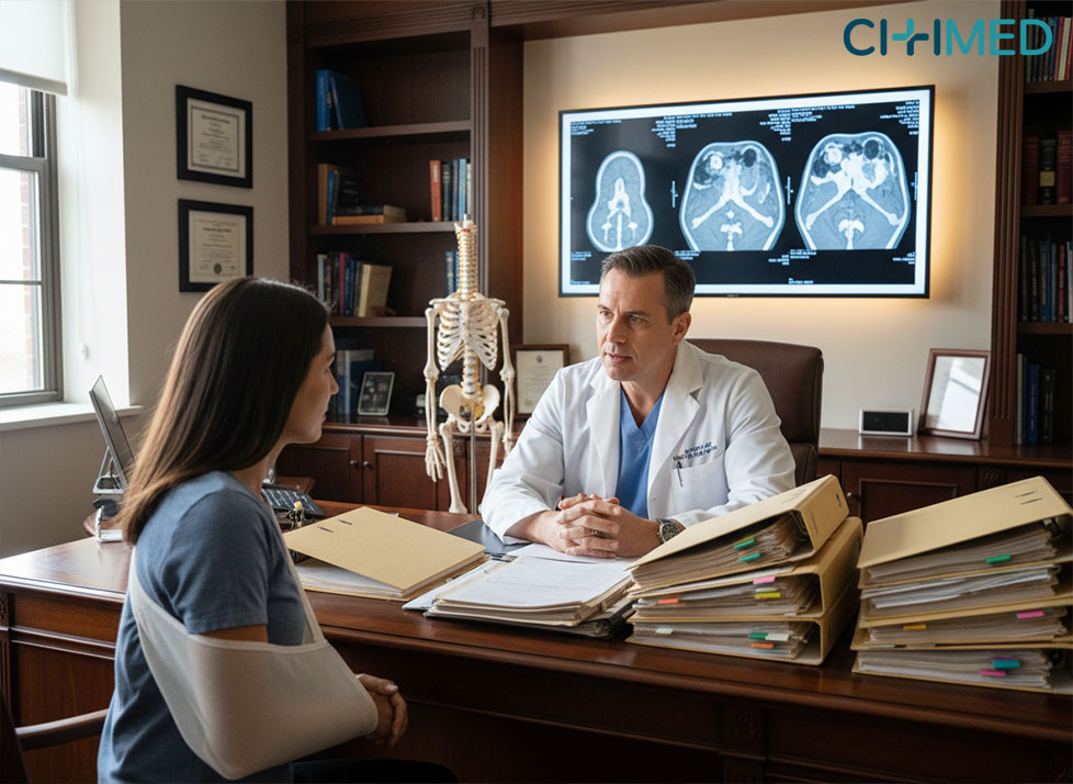 In an office, a doctor engages with a patient about orthopedic surgery options for a personal injury case in Hollywood, FL.