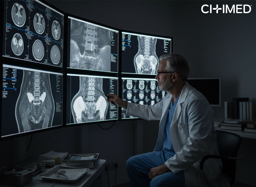 A man wearing a lab coat studies multiple screens, focusing on MRI reviews for orthopedic assessments.