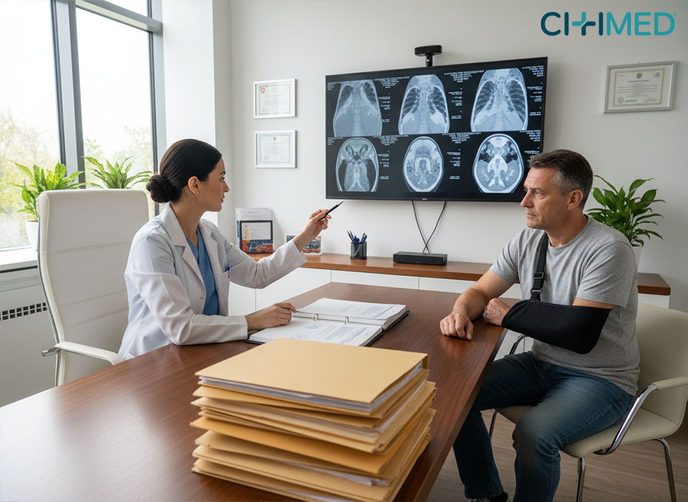 At a desk, a man and woman analyze an orthopaedic evaluation for a personal injury claim displayed on a large screen.