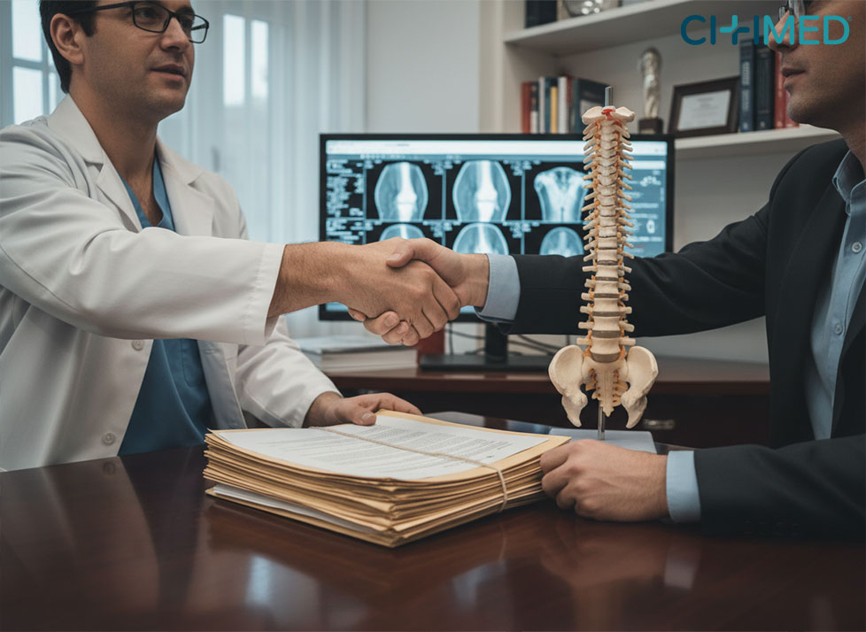 Two orthopedic doctors shake hands beside a skeleton model and a book, focusing on letters of protection.