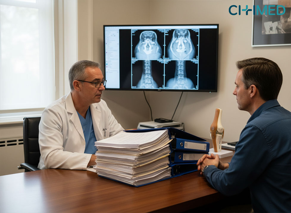 A doctor and patient engage in conversation about orthopedic second opinions in a medical office.