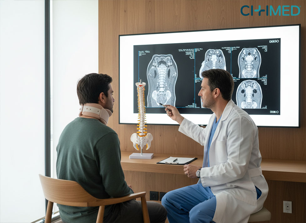 An orthopedic spine specialist talks to a patient about car accident injuries while seated in front of a computer screen.