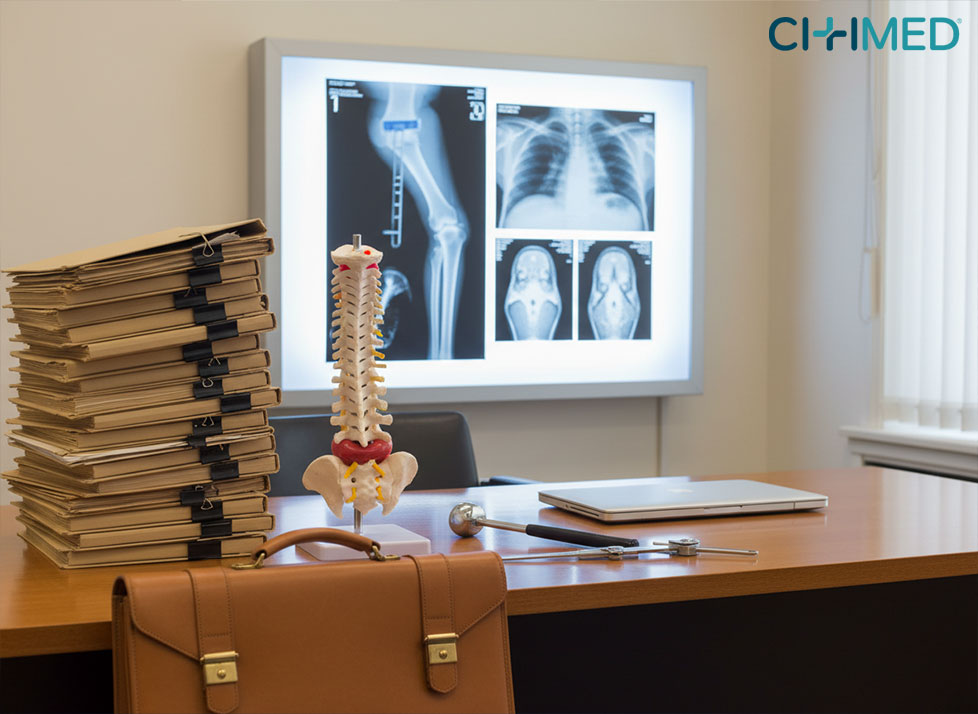 A desk featuring a computer and a stack of papers, likely related to an orthopedic surgery case.