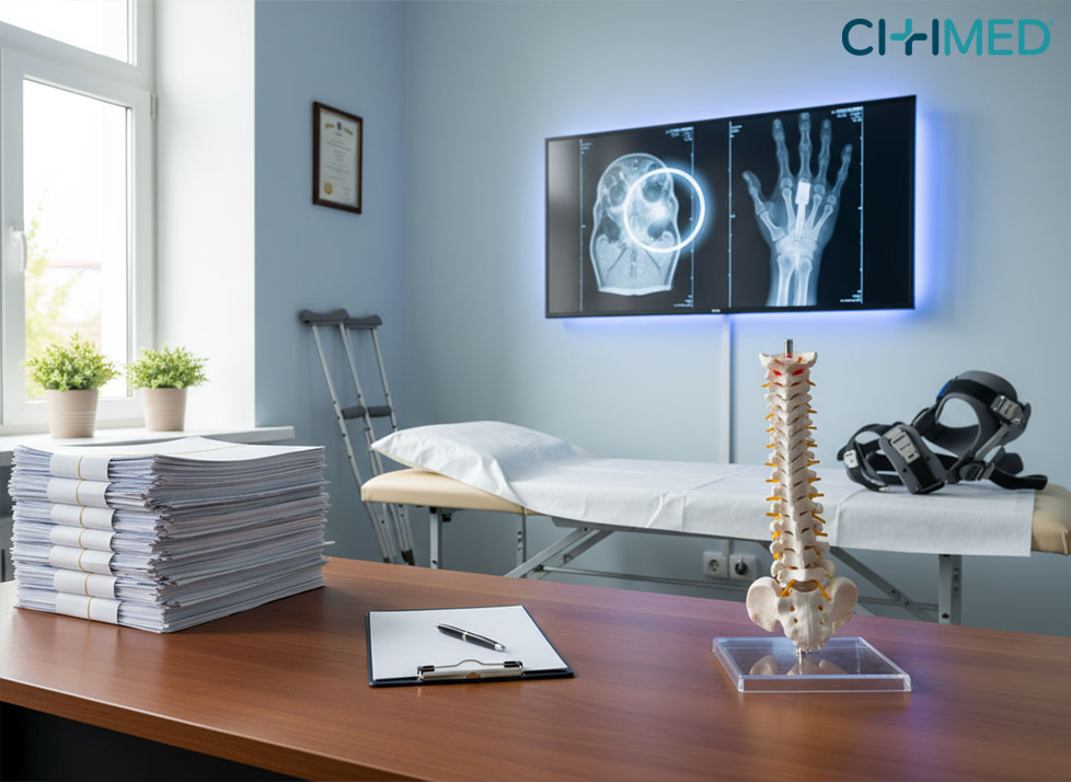 A personal injury orthopedist's office with a desk, computer, and X-ray machine, ready for patient consultations.