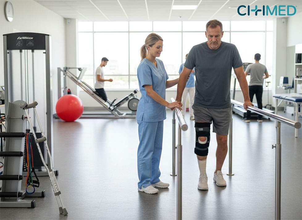 A man and woman work with a physical therapist in a gym during post-operative rehabilitation for injury surgery.