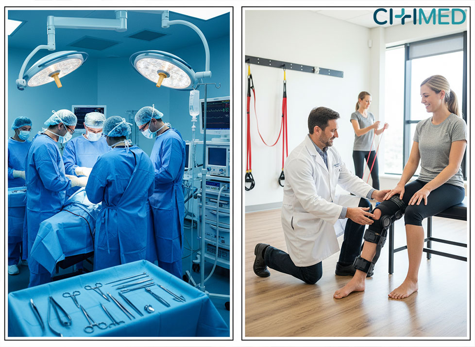 Two images show patients with medical equipment; one features a woman receiving care in a hospital setting.