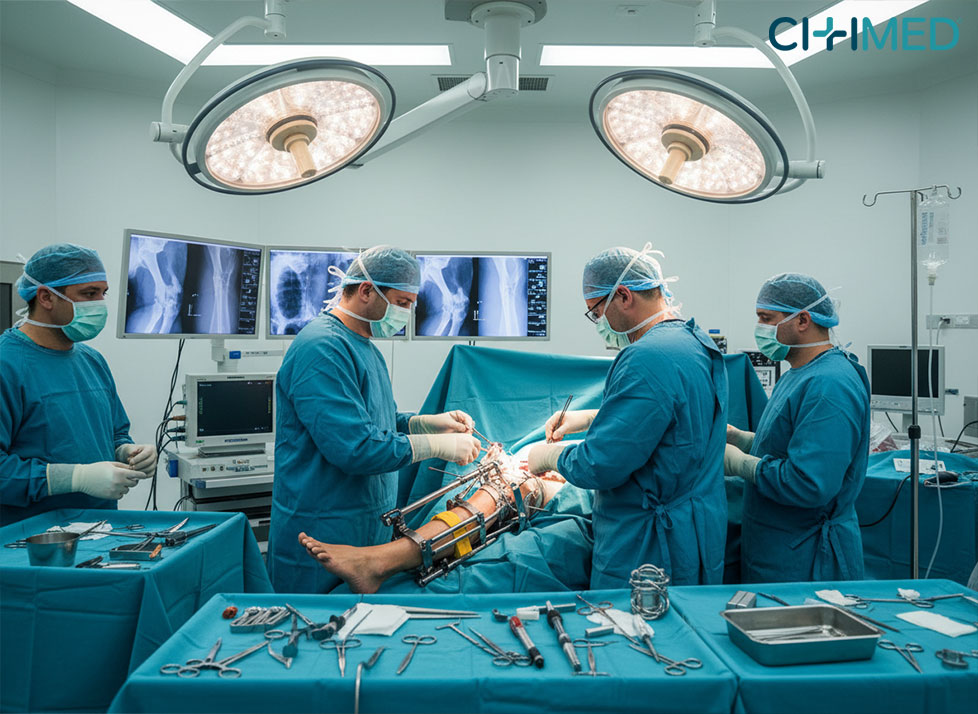A team of surgeons in scrubs working together in an operating room focused on trauma-orthopedic surgery for auto injuries.