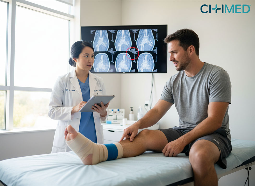 A man with a leg cast is seated in a doctor's office, seeking medical advice following an accident.