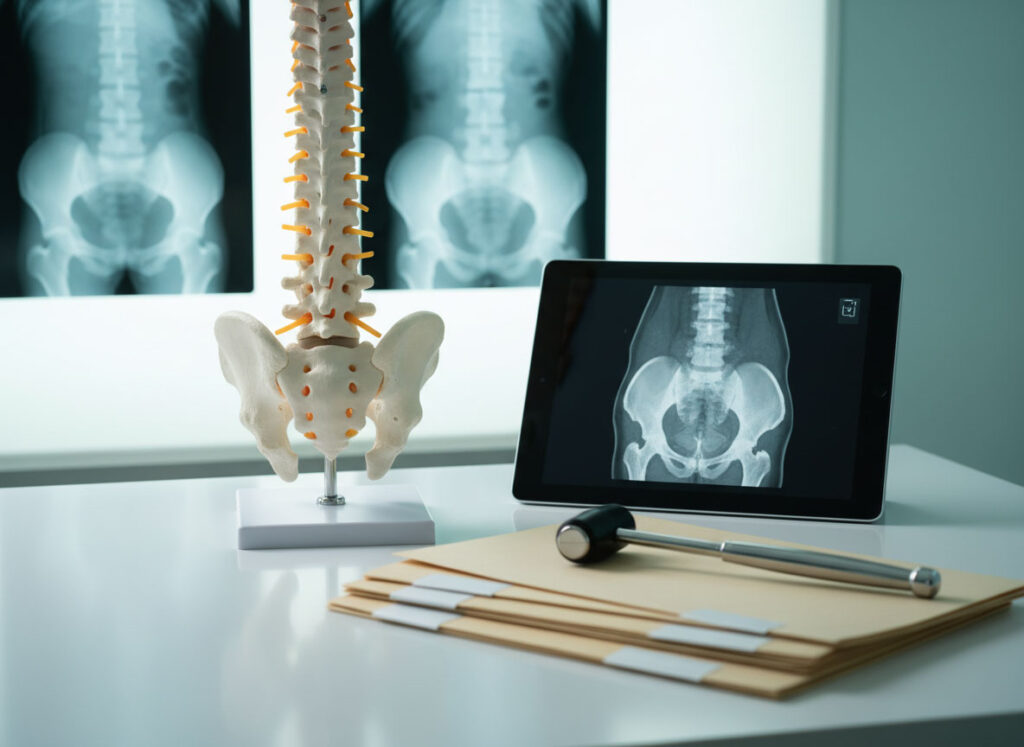 On a desk, a tablet, medical model, and pen are displayed, highlighting topics of back injury evidence and recovery strategies.