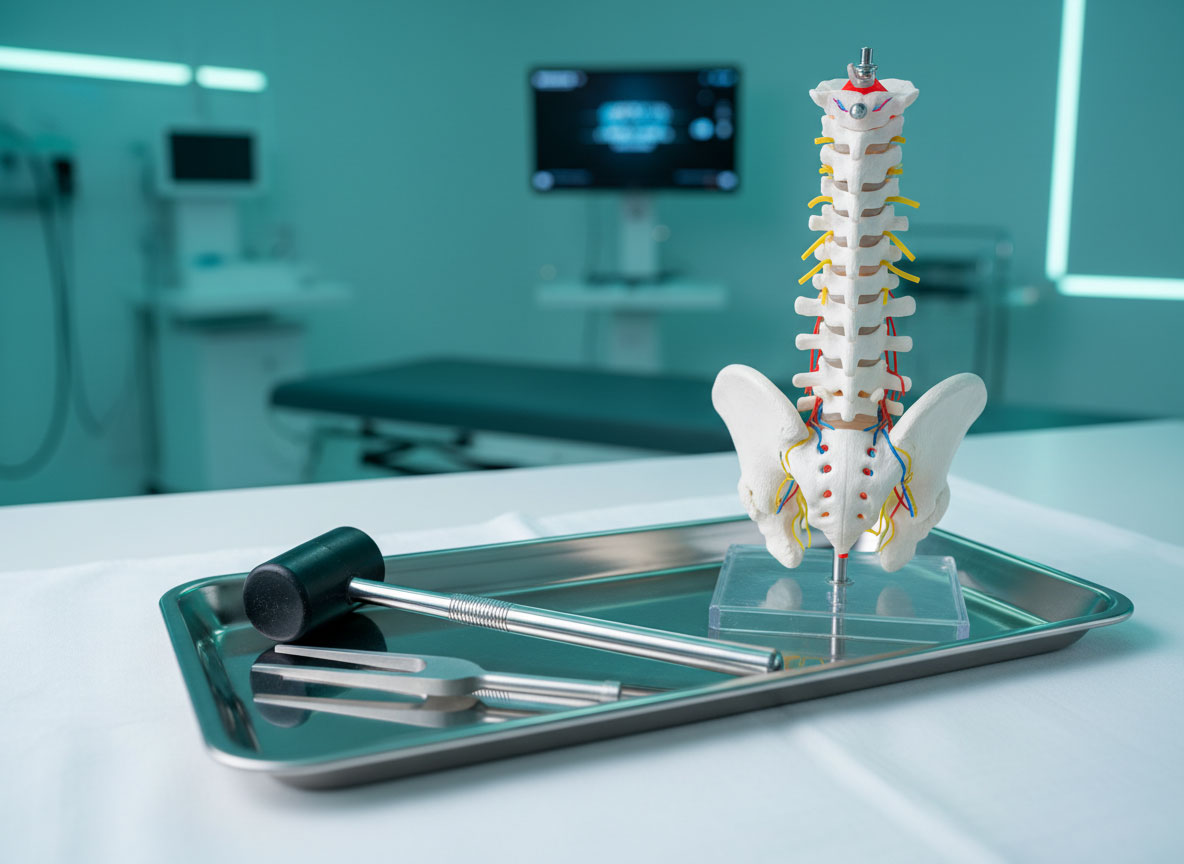 Anatomical model of a human spine on a tray, utilized by a back injury specialist for patient education and analysis.