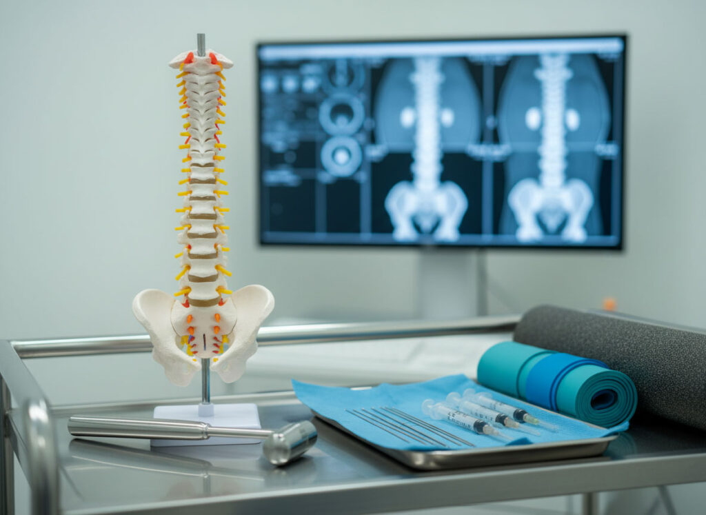 A spine model on a table, used for educational purposes related to accident-related back pain treatment.