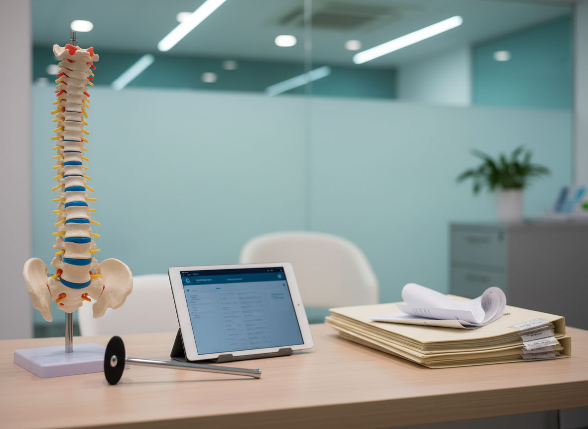 A realistic spine model on a desk, serving as a visual aid for understanding back injuries in personal injury cases.