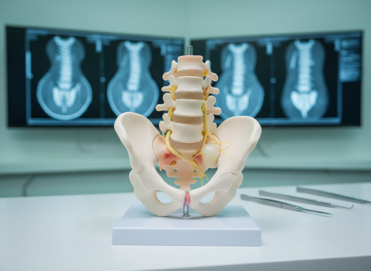 A model of the human spine on a table, highlighting a herniated disc from an accident.