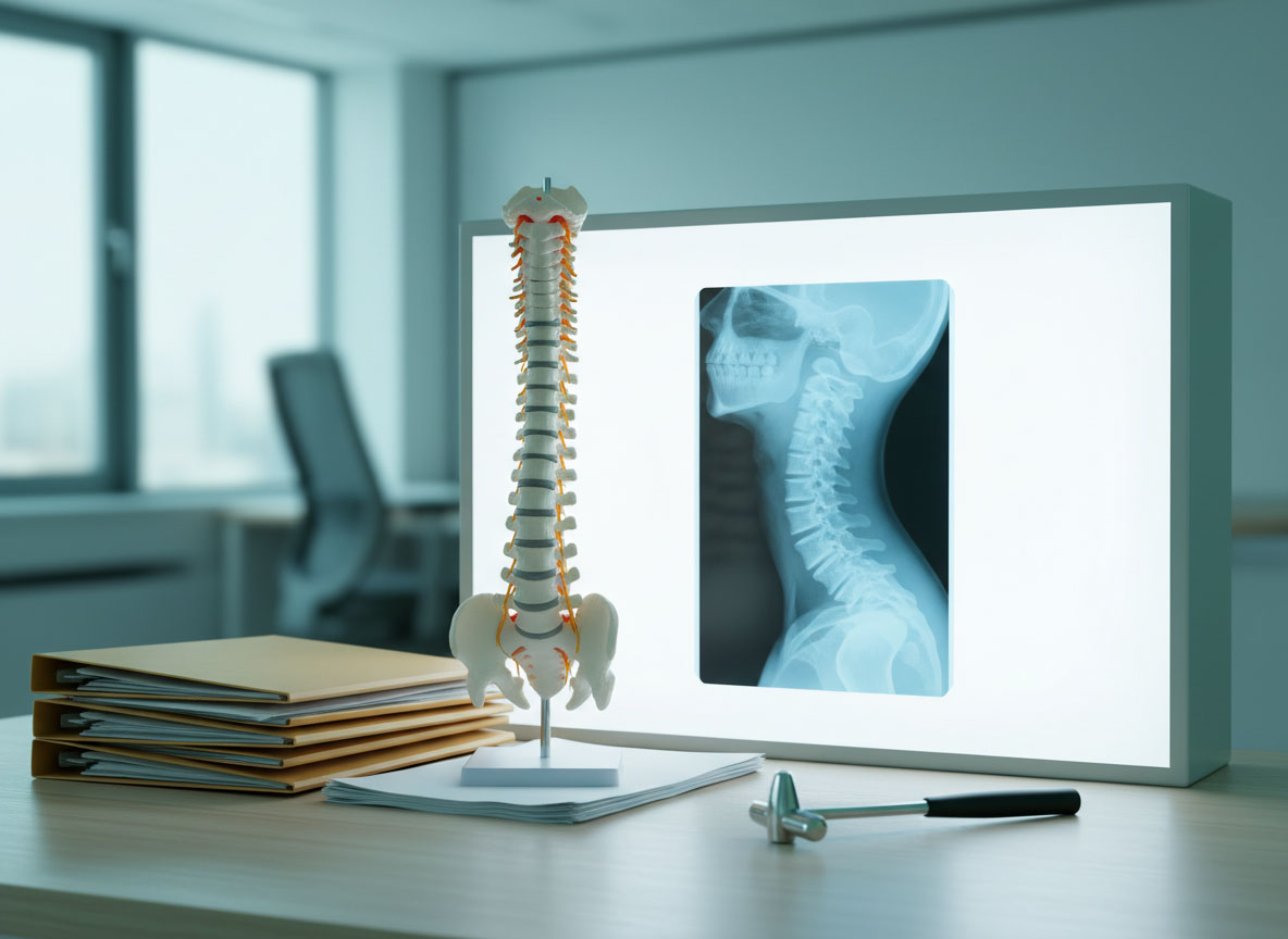 A human skeleton model sits on a desk, used for medical-legal evaluations of spinal injuries