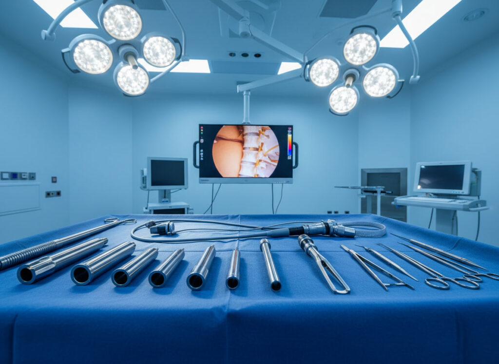 Inside a surgical room, a table is set with equipment for performing minimally invasive spine surgery on accident victims.