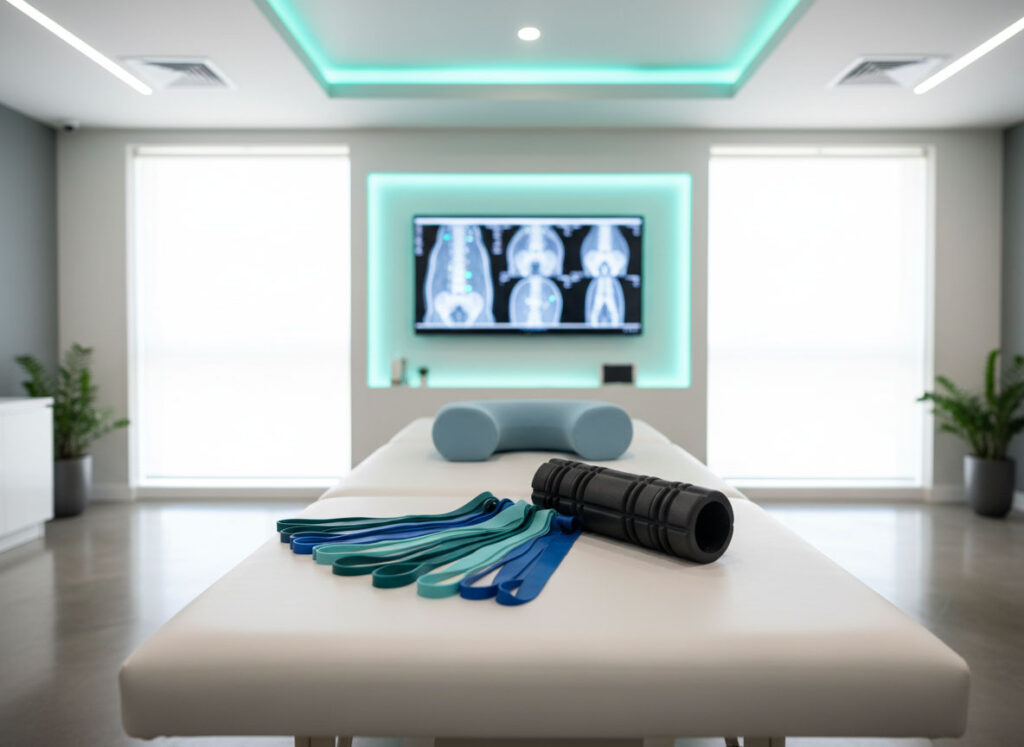 A therapy room with a massage table and a TV, focused on non-surgical spine care following a car accident.