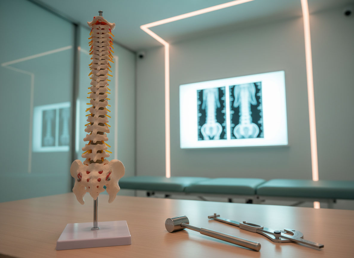 A realistic model of a human spine on a table, illustrating anatomy for a personal injury spine doctor.