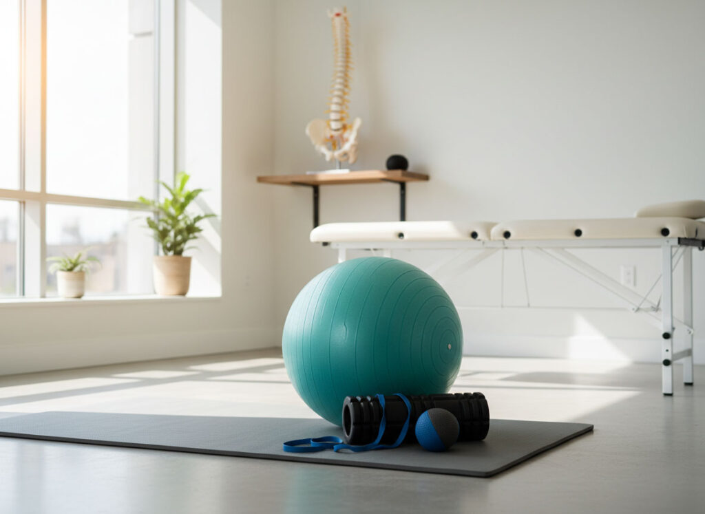 A space for post-accident spinal rehabilitation, including an exercise ball, medicine ball, and assorted exercise equipment.