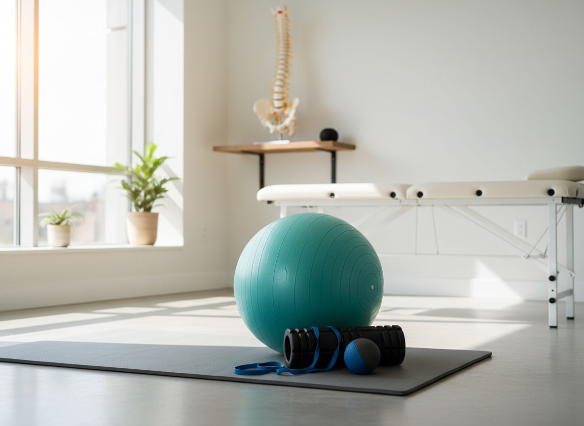 A space for post-accident spinal rehabilitation, including an exercise ball, medicine ball, and assorted exercise equipment.