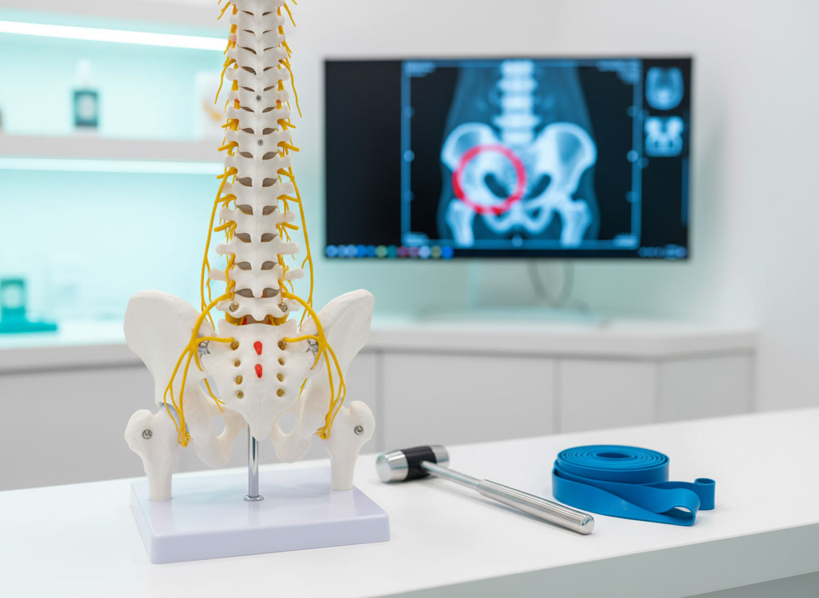 A model of the spine on a desk, used for understanding sciatica treatment after a personal injury.