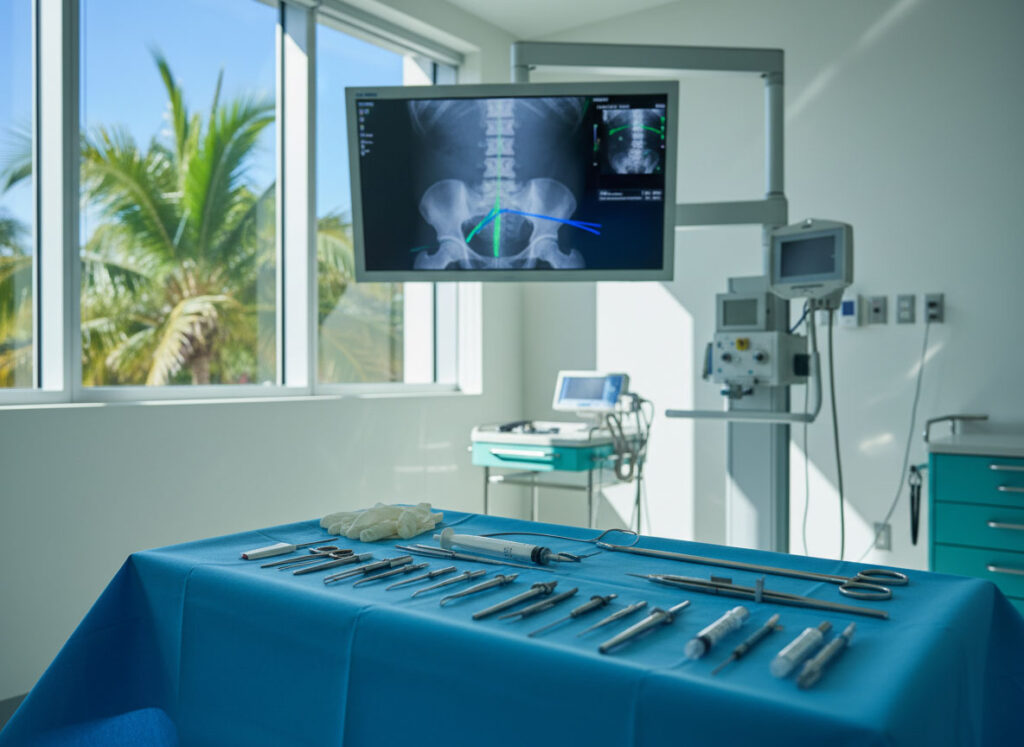 A medical room featuring a large screen and a table, designed for spinal procedures for accident victims in Miami.