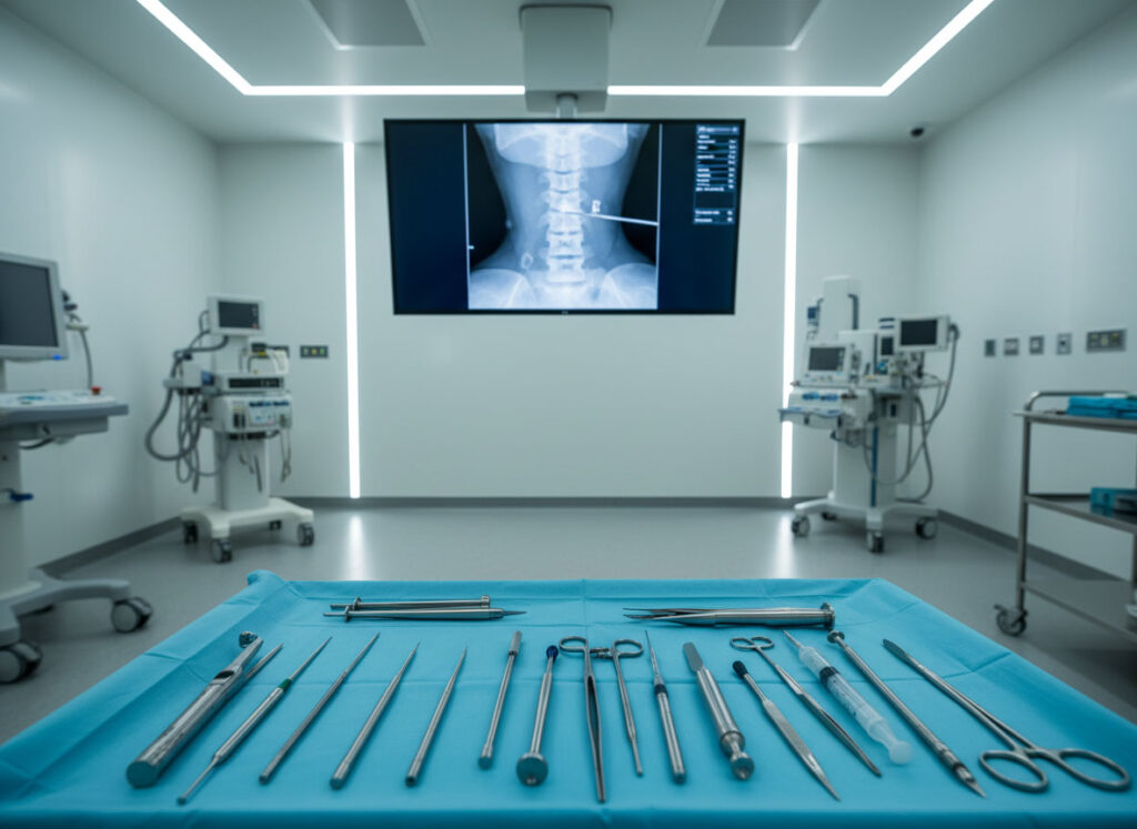 A medical room featuring equipment and a large screen, designed for spinal procedures related to accidents.