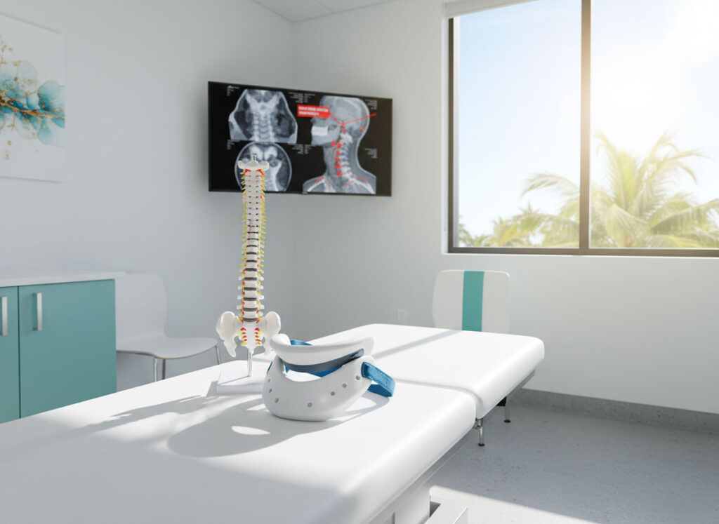 A medical office setup with a large screen and a chair, intended for whiplash and spinal injury therapy in Miami.