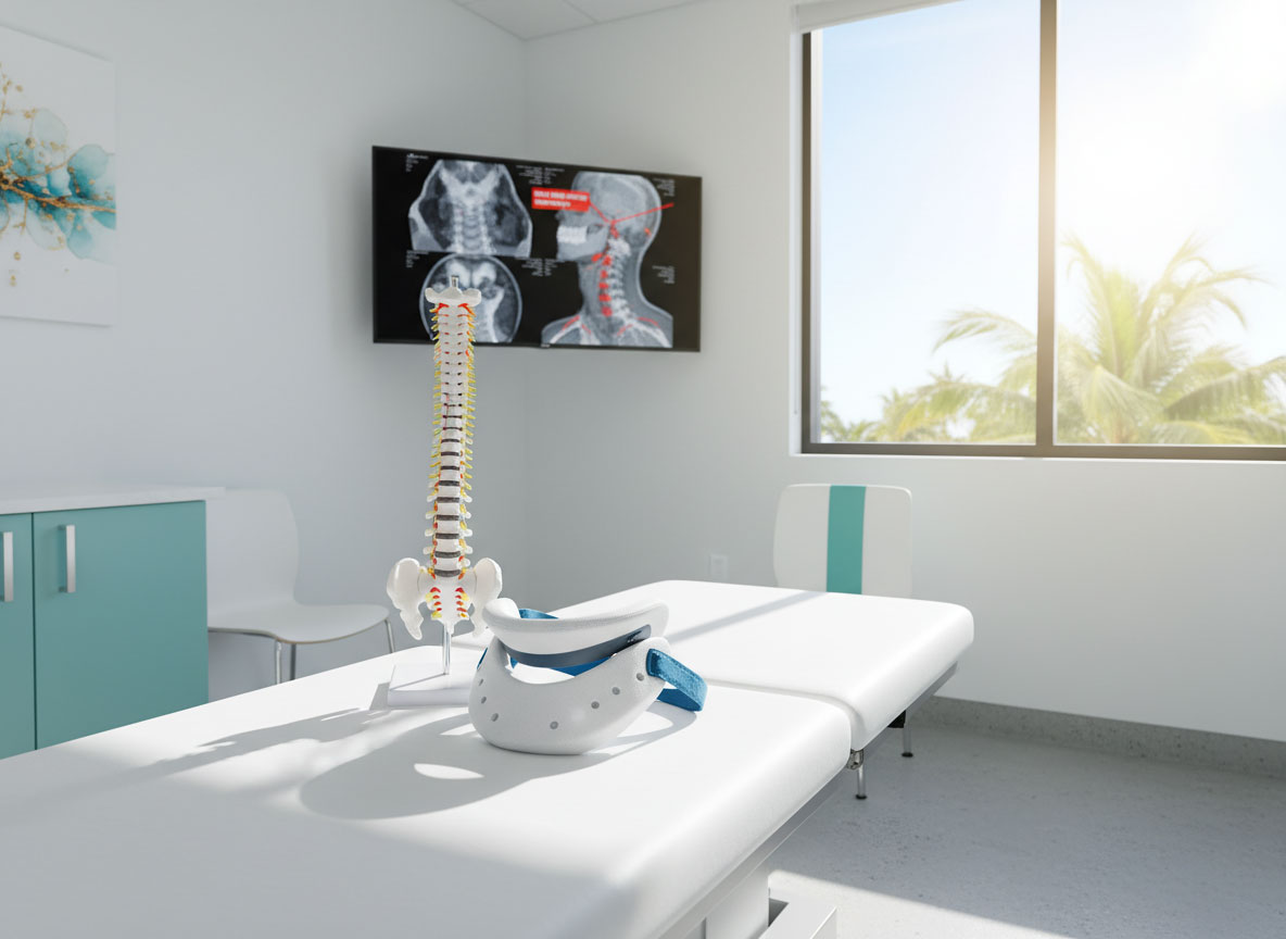 A medical office setup with a large screen and a chair, intended for whiplash and spinal injury therapy in Miami.
