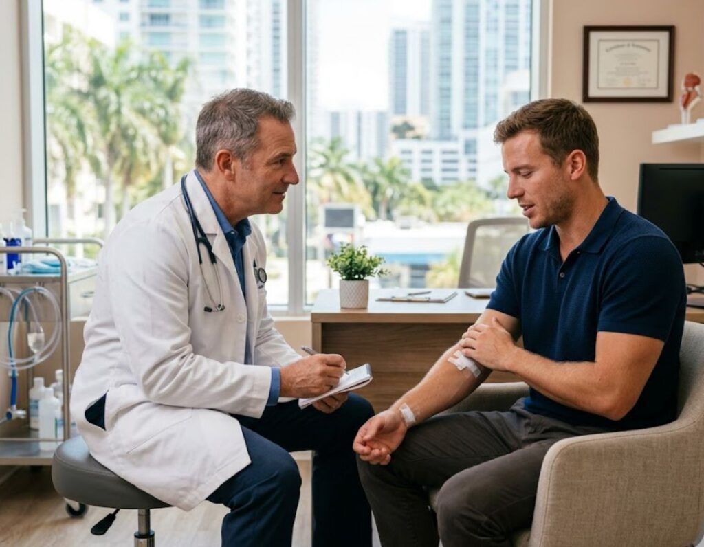 A doctor speaks with a patient in an office setting, addressing concerns about accident-related pain relief.