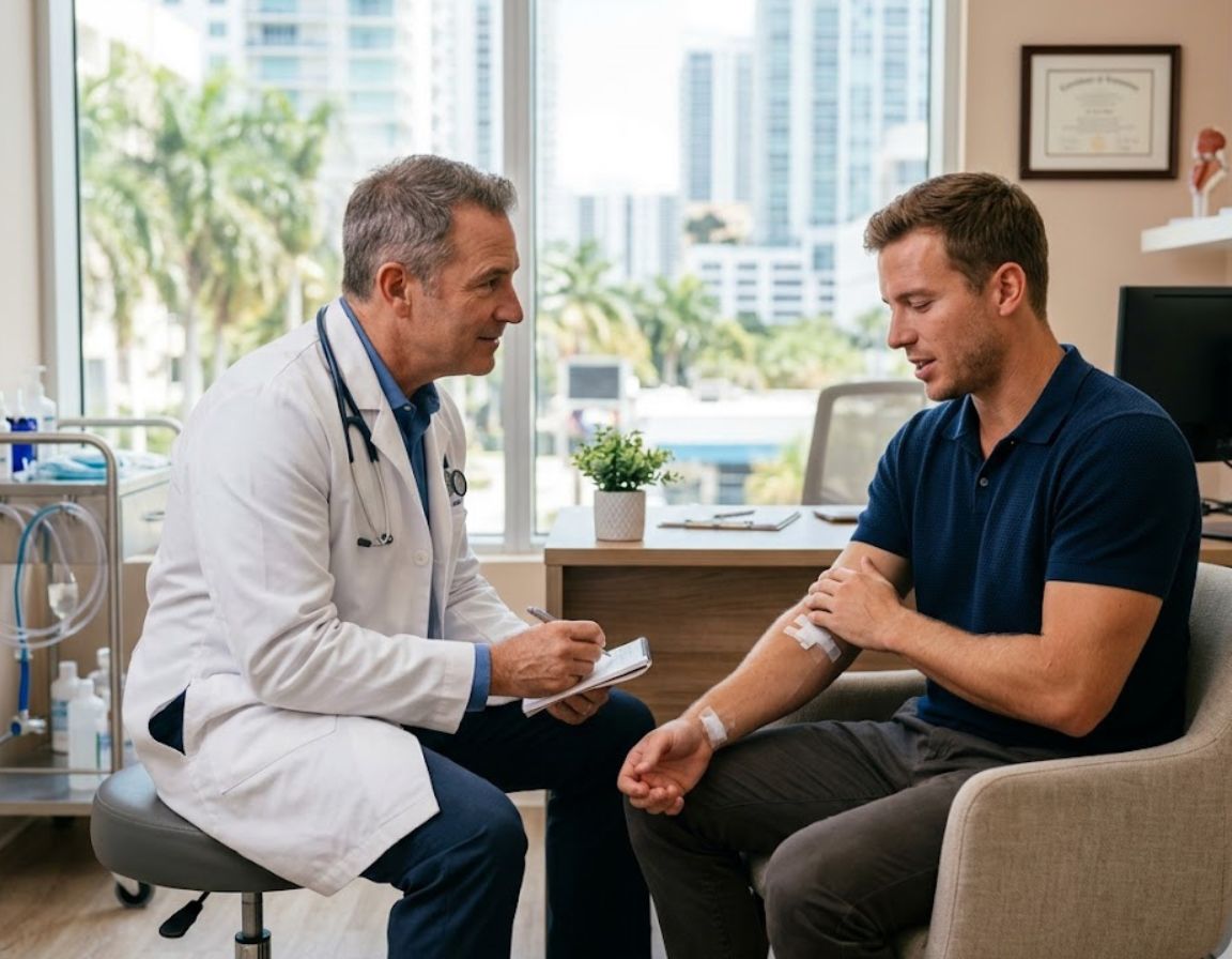 A doctor speaks with a patient in an office setting, addressing concerns about accident-related pain relief.