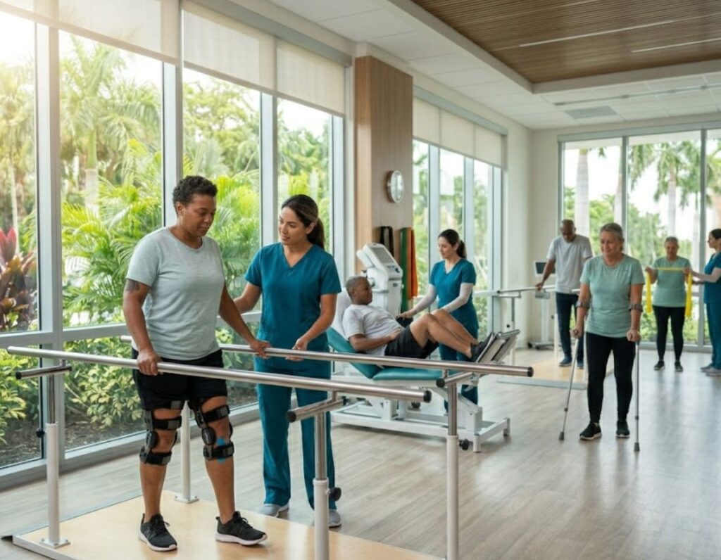A physical therapist assists a group of patients in a gym, focusing on rehabilitation at an accident recovery center.
