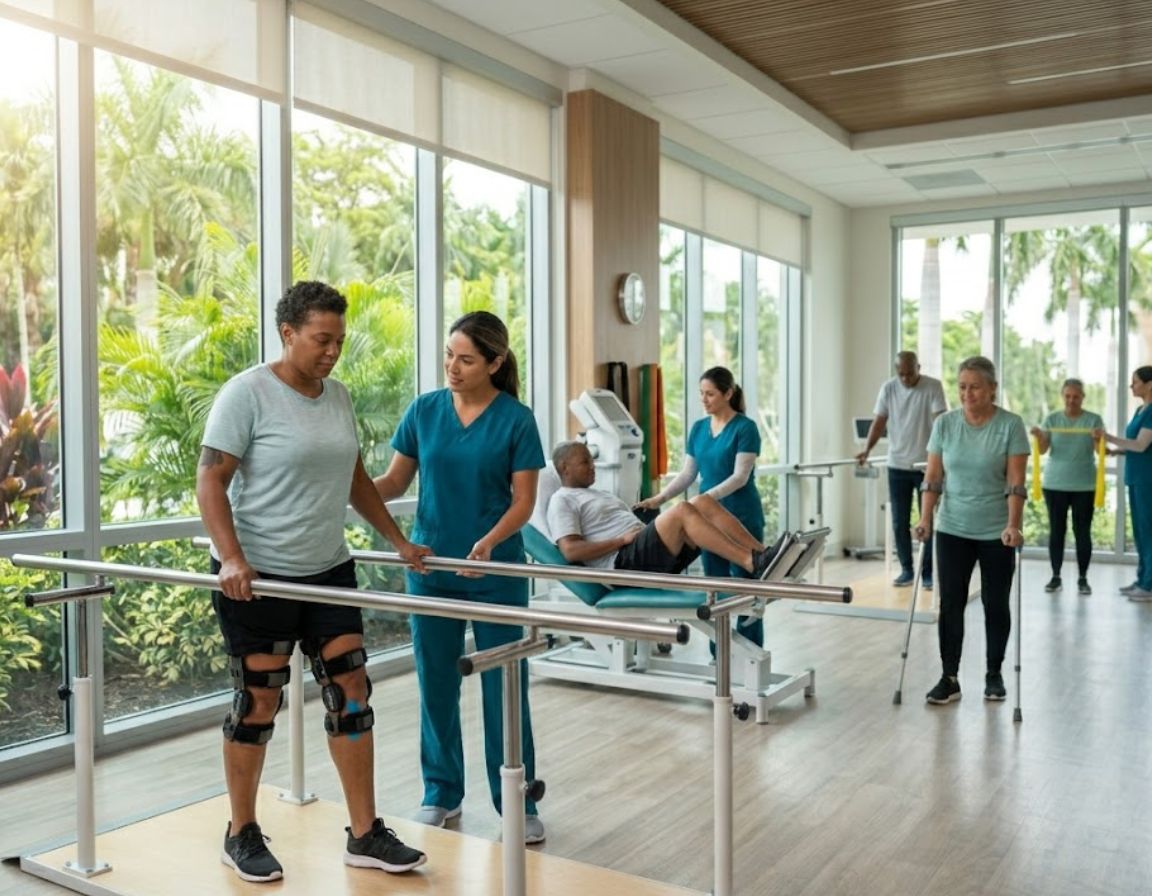 A physical therapist assists a group of patients in a gym, focusing on rehabilitation at an accident recovery center.
