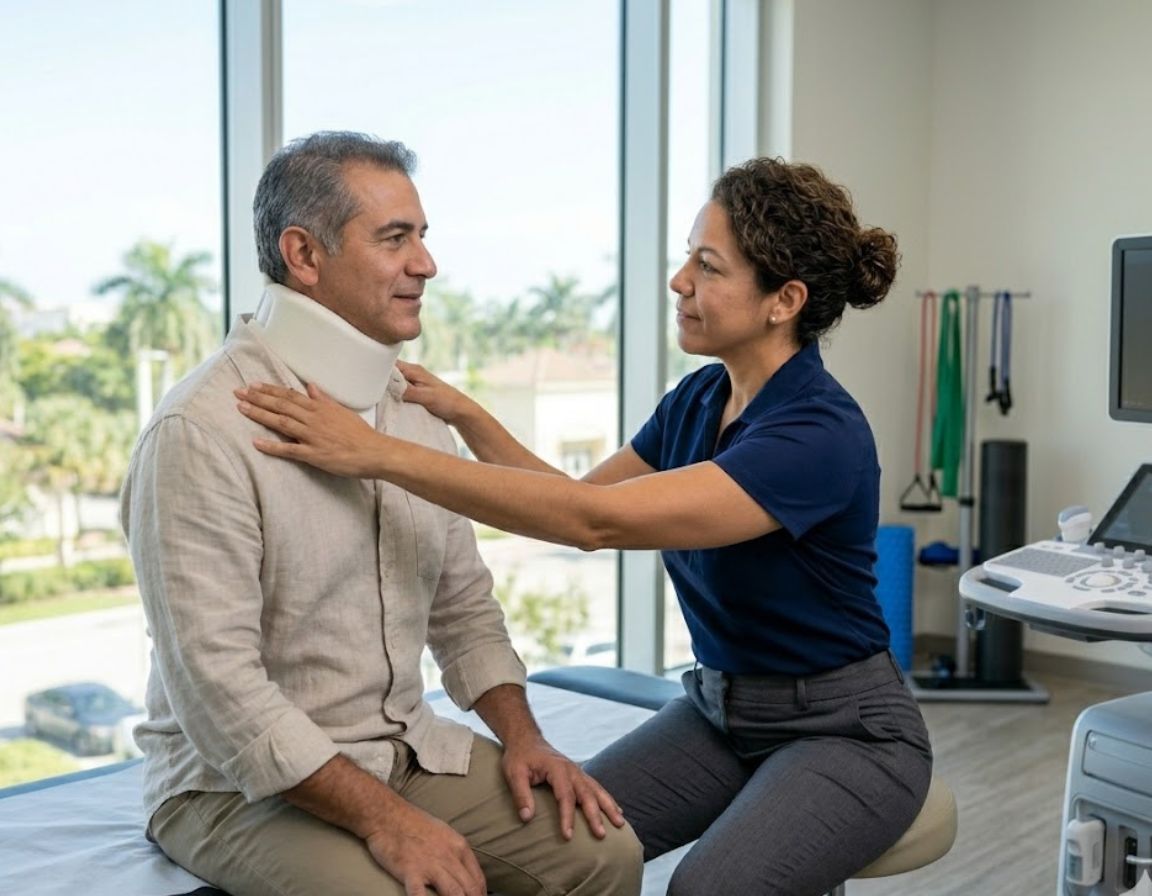 A physical therapist adjusts a man to alleviate pain from an auto accident injury.
