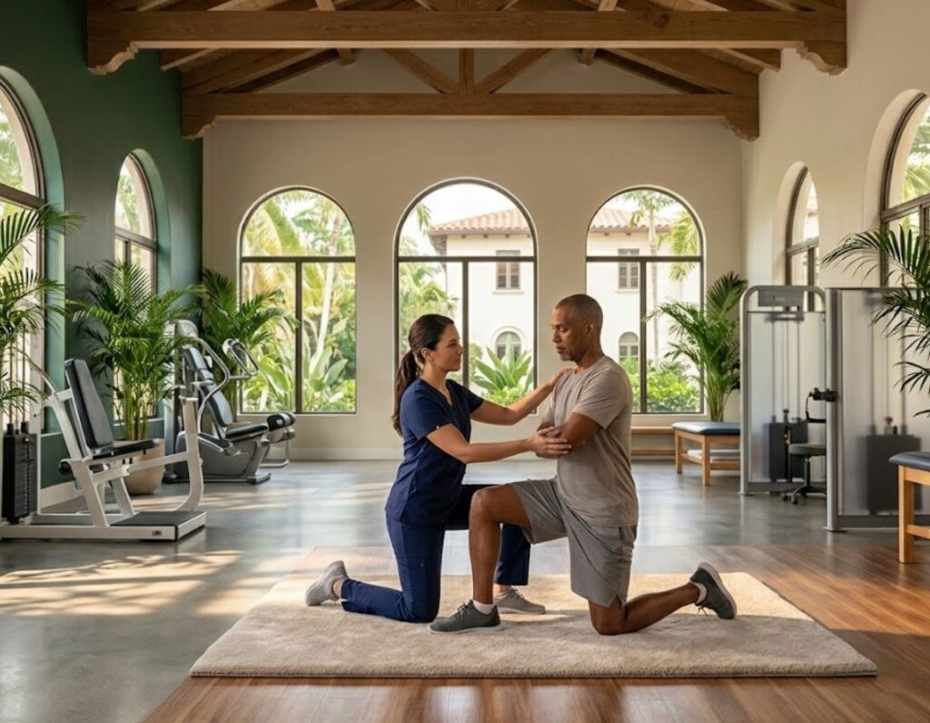 A man and woman exercising together in a gym, focusing on their workout routine for physical therapy.