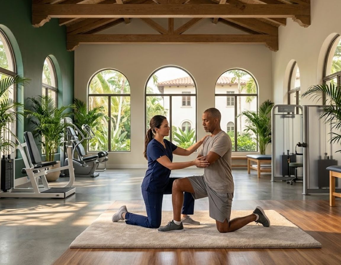 A man and woman exercising together in a gym, focusing on their workout routine for physical therapy.