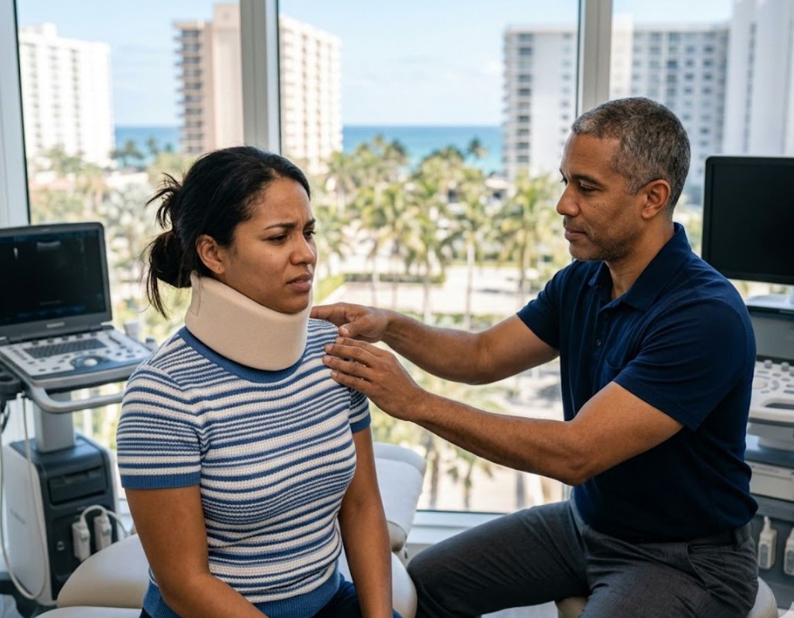 A man adjusts a woman's neck brace, highlighting care in pain management after a car accident.