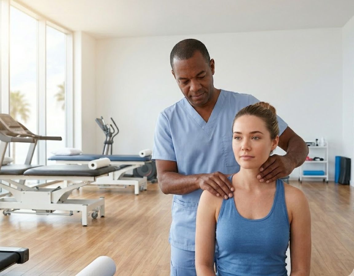 A woman massages a man in a gym, demonstrating professional physical therapy for recovery from car accident injuries.