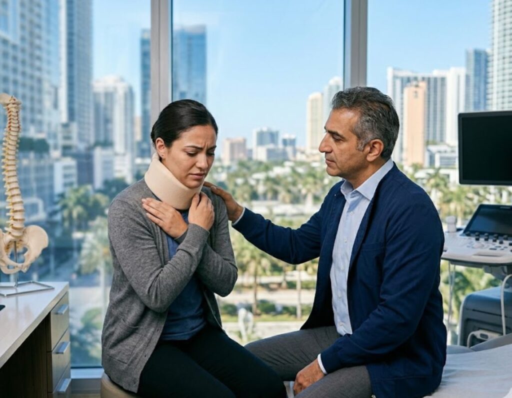 A man and woman in neck braces sit in an office, possibly seeking medical advice after a car accident.