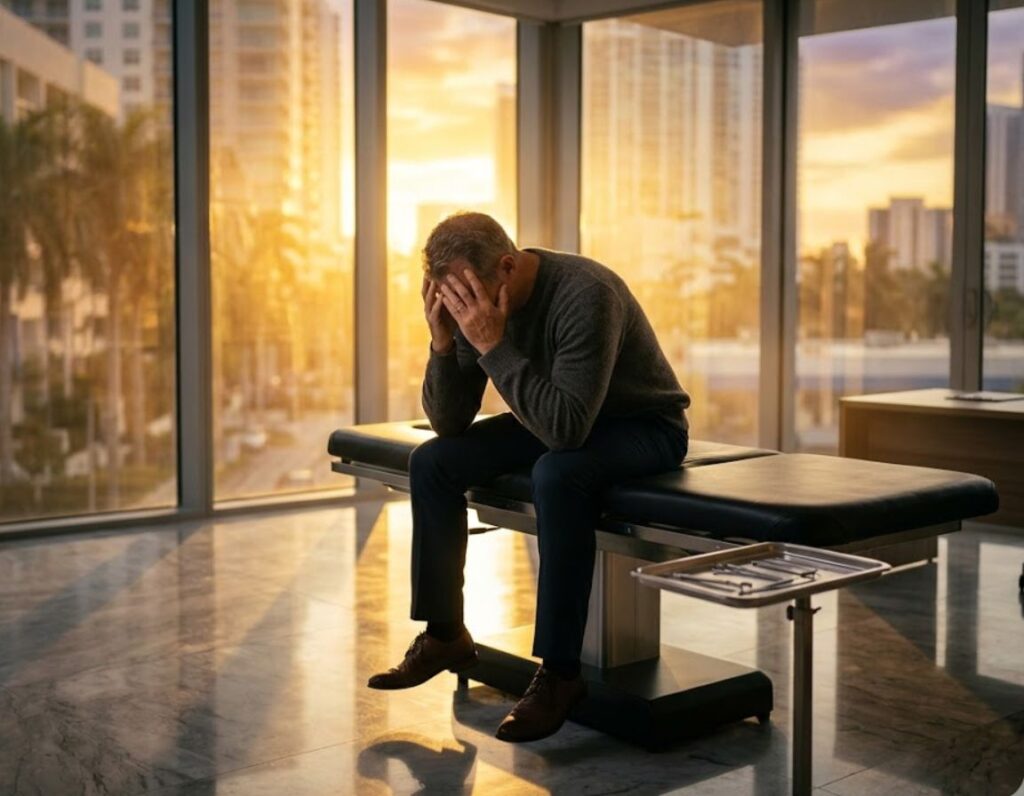 A man seated on a table in an office, with the sun setting behind him, symbolizing his struggle with chronic pain post-accident.
