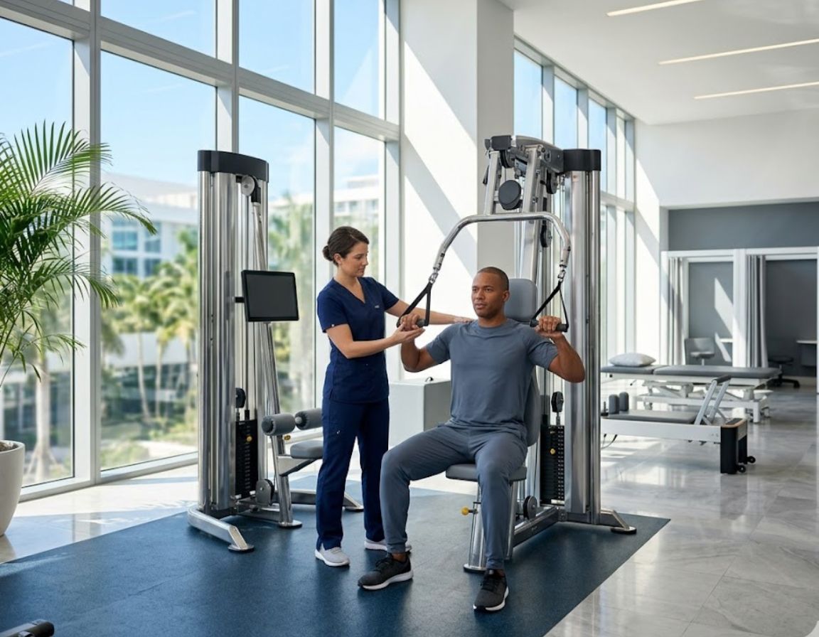 A man and woman training in a gym, showcasing their commitment to fitness and health.