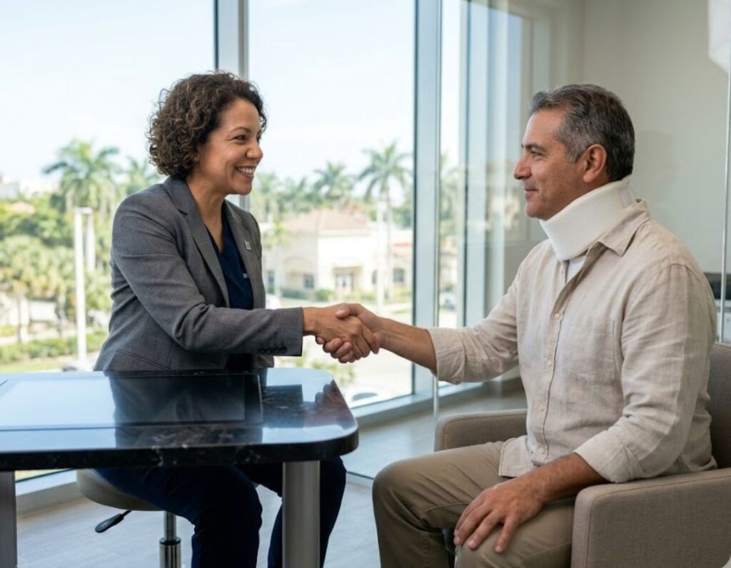 A man and woman engaging in a handshake in an office, indicating a successful meeting or negotiation.