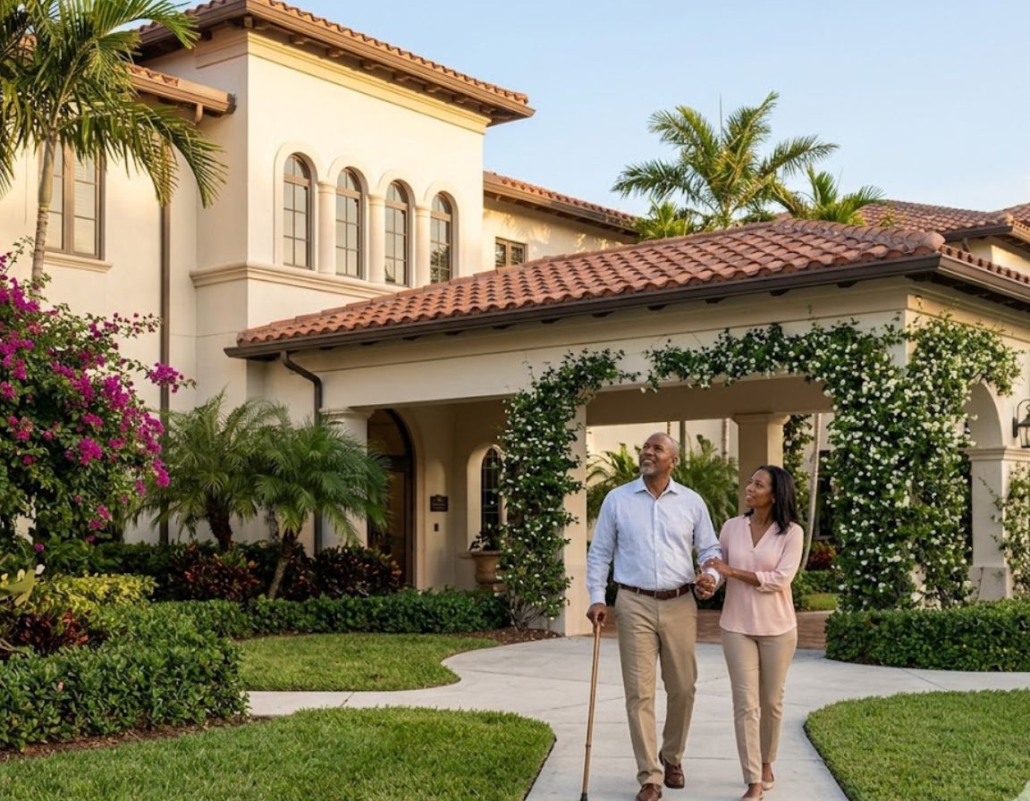 A couple strolls in front of a large home, symbolizing the search for a supportive rehab center for personal injury recovery.