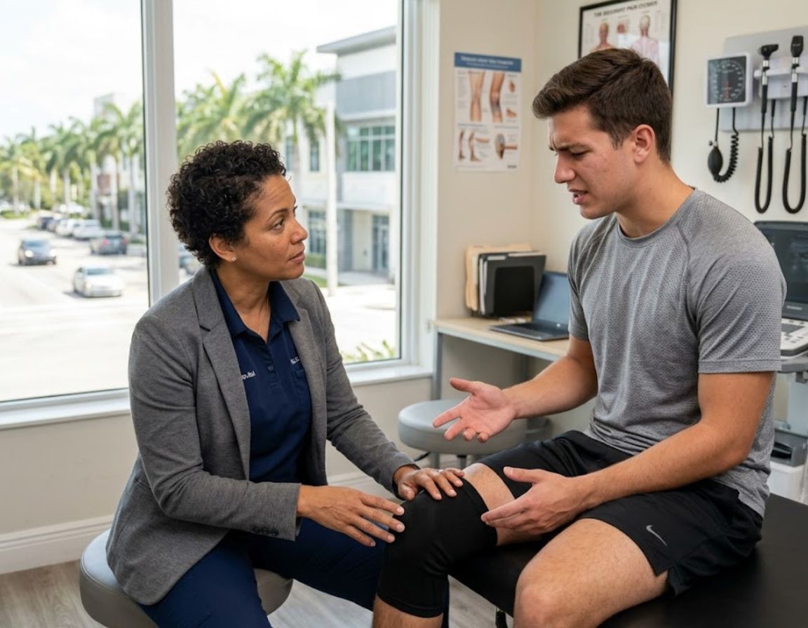 A man, identified as an injury pain specialist, sits beside a woman on a chair, both looking attentive and engaged.
