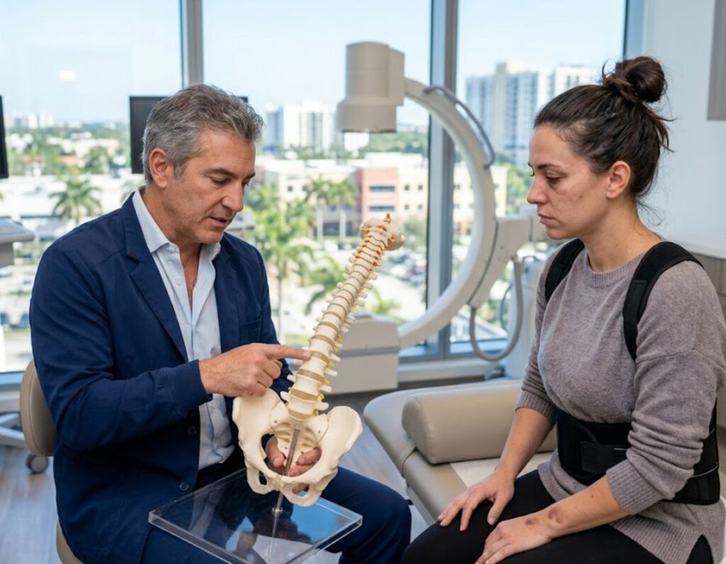 A man and woman sit together, looking at a spine model, as they explore interventional pain management for accident victims.