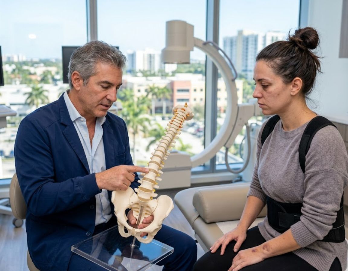 A man and woman sit together, looking at a spine model, as they explore interventional pain management for accident victims.