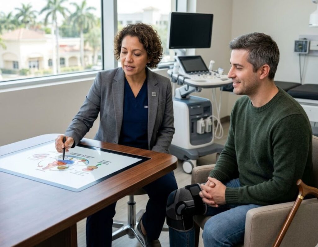 A man and woman seated at a table explore long-term pain relief options after an injury, using a tablet for information.