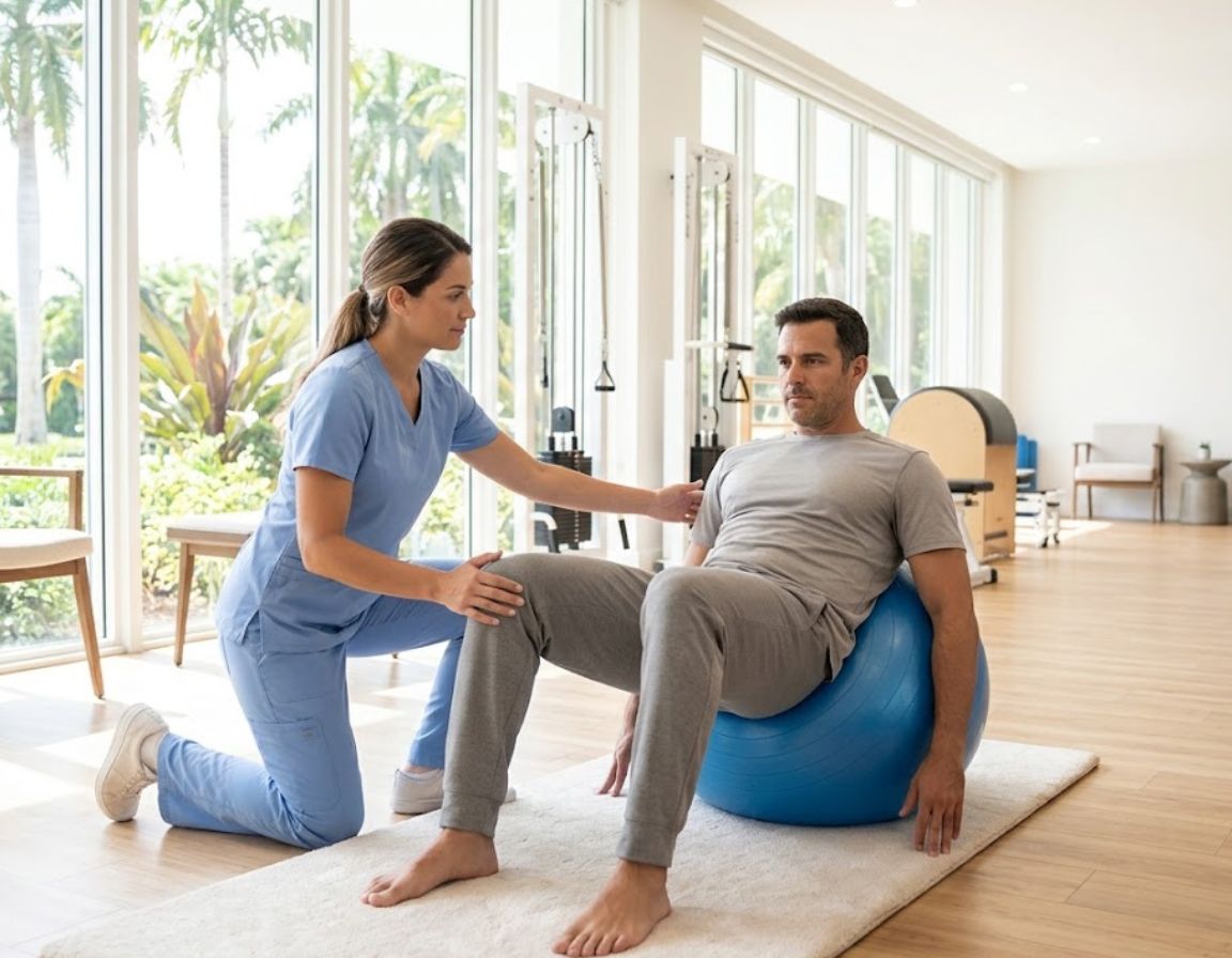 At a North Miami Beach rehabilitation center, a man balances on an exercise ball with guidance from a nurse.